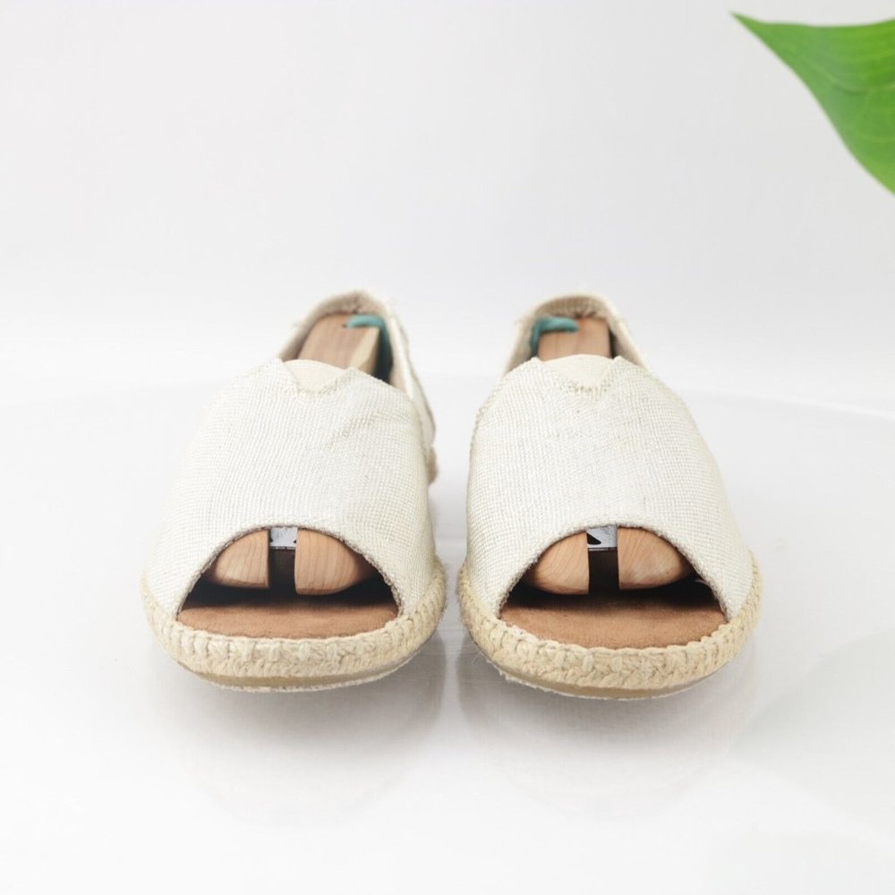 TOMS Women's Alpargata Open Toe Flats Size 7.5 Slip On Beige Linen Boho Shoe - Picture 3 of 13